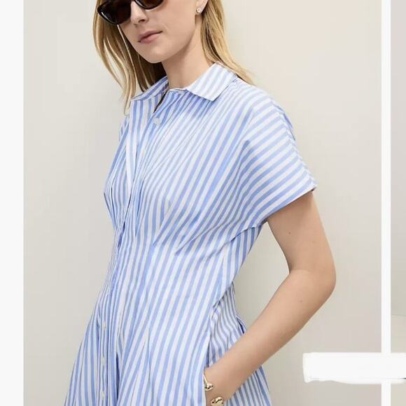 Anthropologie Maxi Shirt Dress Pleated Poplin Blue White Striped Pintuck NWT L - Picture 14 of 14